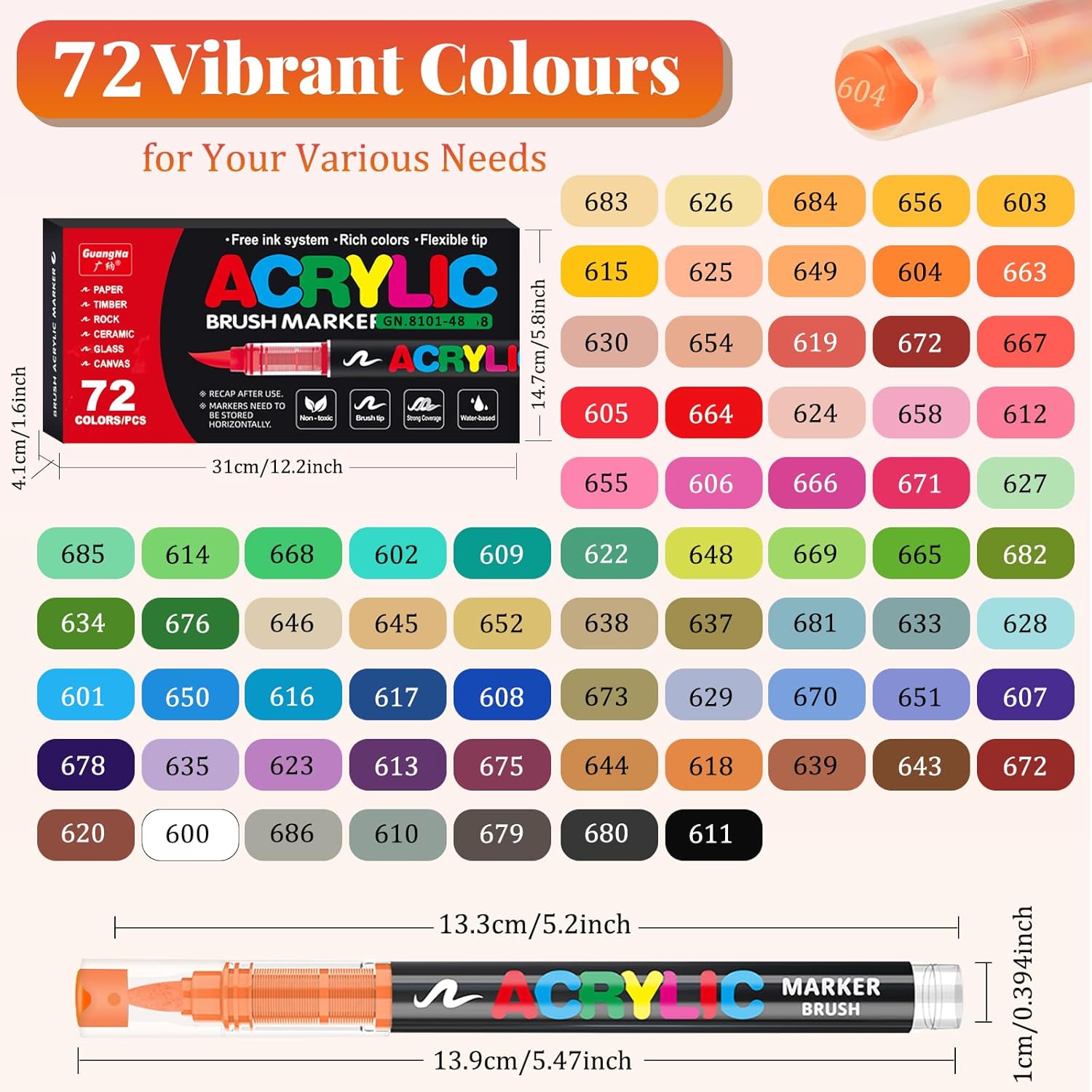 Funnasting 72 Color Rotuladores Acrilicos, Cabeza de Cepillo Suave Rotulador Acrilico, Marcadores Acrílicos para Colorear Vidrio, Pinturas Rupestres y Artículos de Artes y Oficios de Bricolaje