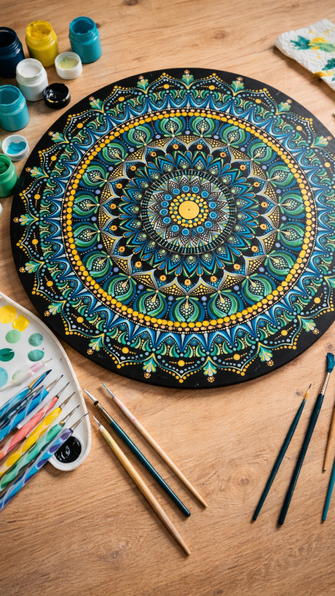 Mandala original en puntillismo sobre madera · 60 cm