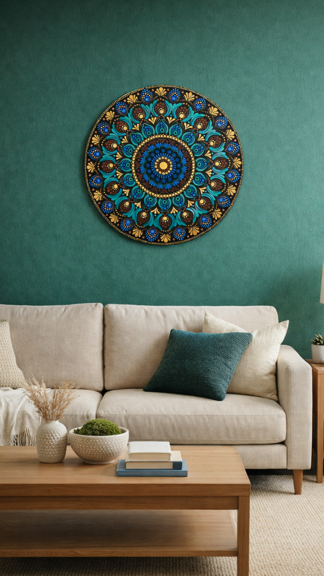 Mandala artesanal sobre madera · 40 cm · Pintado a mano con acrílico